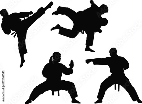 Silhouette vector set of 4 martial arts poses karate kick judo throw kung fu stance and punch solid black shapes