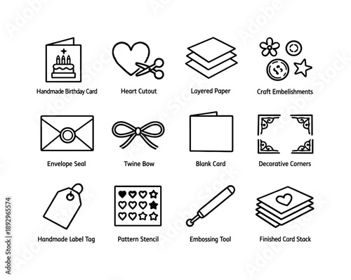 Handcrafted Greeting Cards Icons. Handcrafted greeting cards. Line icon set of Handcrafted greeting cards: handmade birthday card, heart cutout, layered paper,