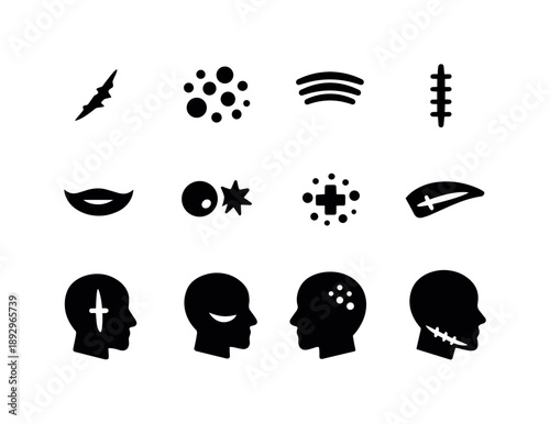 Facial Marks Icons. Facial Marks. Solid icon set of Facial Marks: cheek scar, acne mark, forehead line, surgical scar, skin dimple, pimple scar, healing spot,