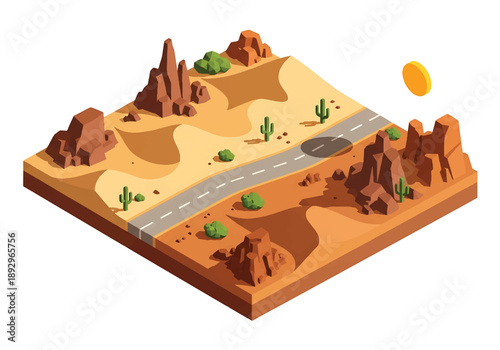 Isometric 3D view illustration of a desert landscape with sand dunes, rocks, sparse vegetation, and a long road, clean vector scenery for travel and environment concepts