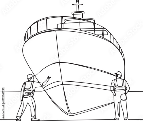 Two workers pulling a large ship's hull illustration from a technical drawing viewpoint