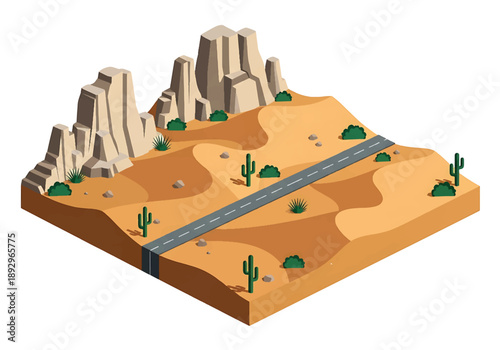 Isometric 3D view illustration of a desert landscape with sand dunes, rocks, sparse vegetation, and a long road, clean vector scenery for travel and environment concepts