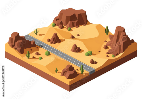 Isometric 3D view illustration of a desert landscape with sand dunes, rocks, sparse vegetation, and a long road, clean vector scenery for travel and environment concepts