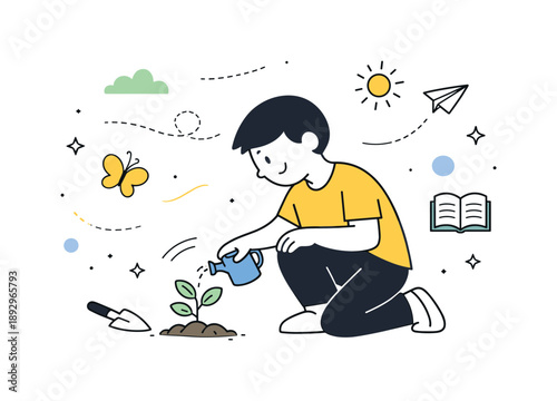 Nurturing Growth Mindset. Growth mindset in spring. A calm editorial scene with a simple character nurturing a small plant as it grows. Soft motion lines and