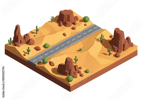 Isometric 3D view illustration of a desert landscape with sand dunes, rocks, sparse vegetation, and a long road, clean vector scenery for travel and environment concepts