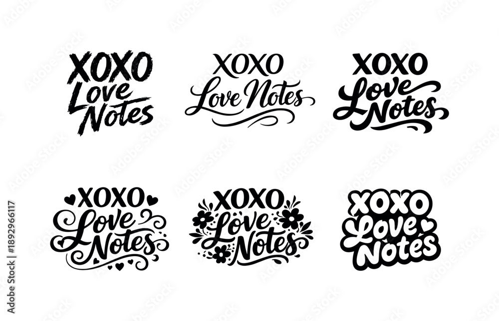 Obraz premium Harmonious Love Lettering. XOXO Love Notes. Set lettering. harmonious lettering variations of the same emblematic concept, each with different artistic
