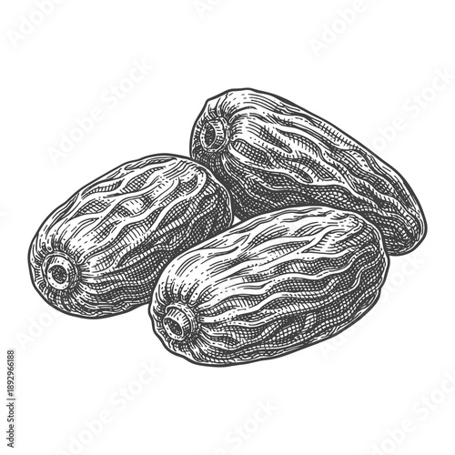 Wallpaper Mural Vintage Dates Fruit Engraving Illustration, Three Dates Black and White Line Art Torontodigital.ca