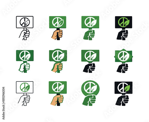 Environmental Activism Icons. Environmental activism. Icon set. Set Logo of Environmental activism: protest sign with green symbol. harmonious logo variations