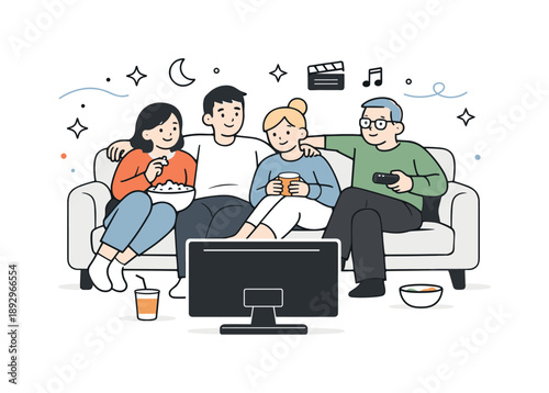 Cozy Movie Night. People watching movies. A cozy editorial scene of friends or family sitting together on a couch, watching a movie with relaxed postures and