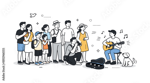 Street Artist Performance. Public performance crowd. A friendly editorial scene of people stopping during a walk to watch a street artist. The atmosphere feels