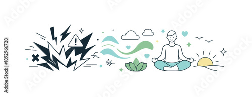 Emotional Balance Transformation. From tension to calm. Abstract elements gradually changing shape and direction, moving from sharp to soft forms. Visual