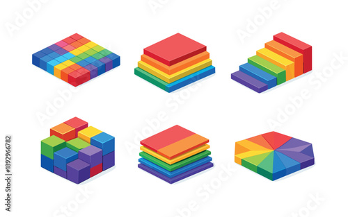 Rainbow Geometric Grid. Rainbow geometric backgrounds. Isometric flat vector icons set of rainbow geometric backgrounds: rainbow mosaic tiles, layered color