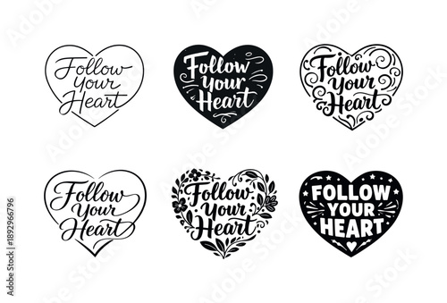Heartfelt Lettering Designs. Emotional Heart-Shaped Quotes. Set lettering. harmonious lettering variations of the same emblematic concept, each with different