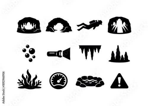 Mystic Grotto Icons. Mystic Underwater Grotto. Solid icon set of Mystic Underwater Grotto: grotto chamber, rock arch, diver silhouette, glowing cave opening,