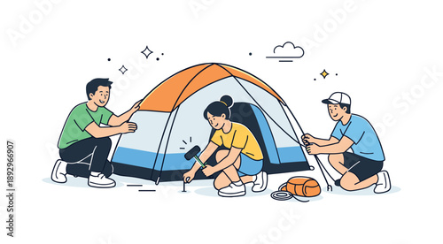 Collaborative Tent Setup. Friends setting up tent collaboration. One friend holding the tent steady while others secure it, supportive interaction and shared