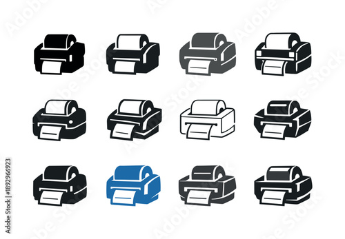 Shipping Printer Logos. Shipping label printer. Icon set. Set Logo of Shipping label printer: printer with label roll. harmonious logo variations of the same
