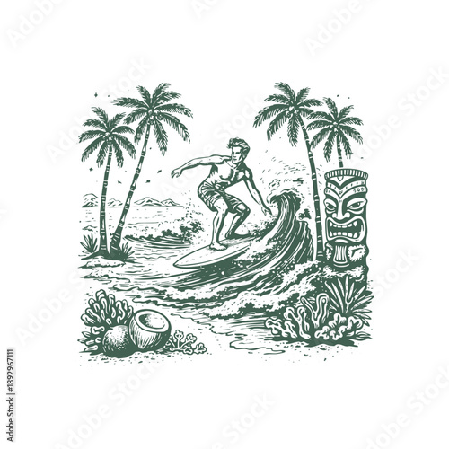 Vintage Surfing Illustration with Tiki Mask and Palm Trees