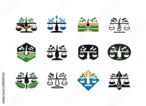 Skin Function Logos. The function of the skin. Icon set. Set Logo of The function of the skin: skin microbiome balance. harmonious logo variations of the same