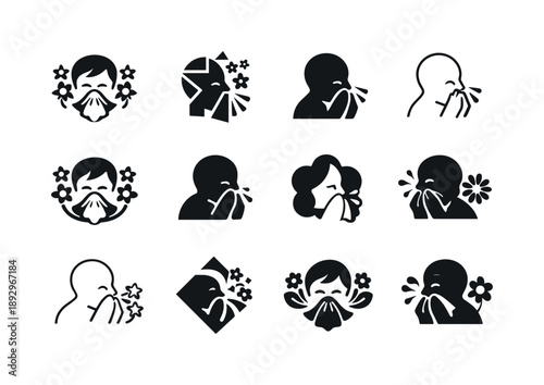 Spring Allergy Icons. Spring allergies. Icon set. Set Logo of spring allergies: sneezing face. harmonious logo variations: Symmetrical form, Abstract