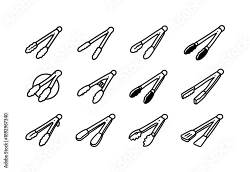 Tongs Icon Set. Tongs. Line icon set of Tongs: kitchen tongs, open tongs, closed tongs, gripping tips, spring hinge, silicone tip, metal handle, locking ring,