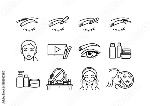 Eyebrow Care Icons. Eyebrow Routine. Line icon set of Eyebrow Routine: step-by-step icons, brush brow, fill brow, shape brow, set gel, finished look, makeup