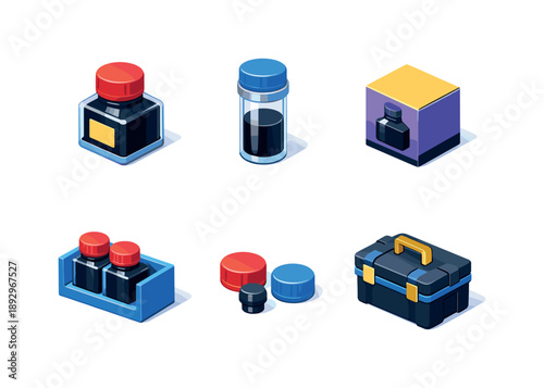 Ink Storage Icons. Ink storage. Isometric flat vector icons set of ink storage: sealed ink bottle, protective glass vial, ink bottle box, storage rack slot,
