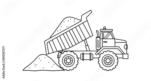 Dump truck unloading a pile of sand in a construction site, line art illustration