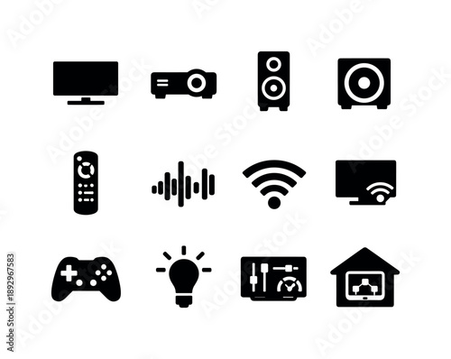 Home Entertainment Icons. Integrated home entertainment. Solid icon set of integrated home entertainment: smart TV, projector icon, speaker, subwoofer, remote,
