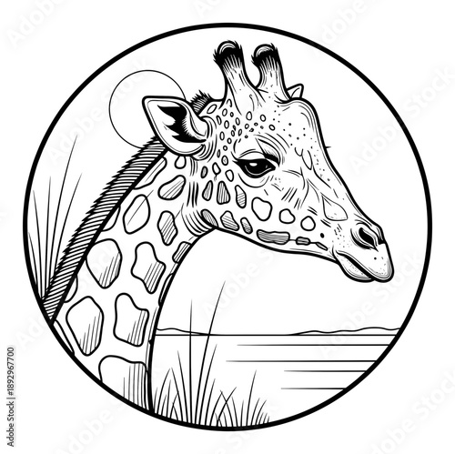 Hand drawn black and white giraffe head among savanna grass. Isolated transparent background ( include cut-out PNG file )