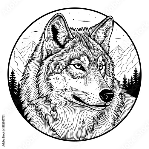 Hand drawn black and white wolf head among mountains. Isolated transparent background ( include cut-out PNG file )