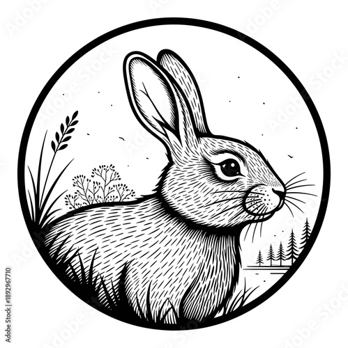 Circular woodcut illustration of a rabbit in grass with trees and isolated transparent background.
