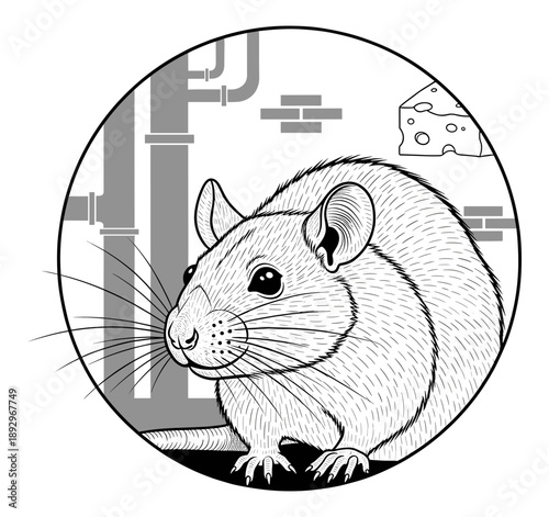 Circular woodcut illustration of a rat with cheese and pipes. Isolated transparent background ( include cut-out PNG file )