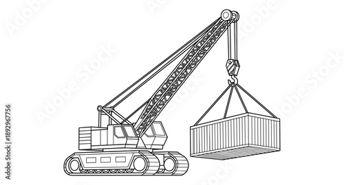 Line art illustration of a crawler crane lifting a shipping container