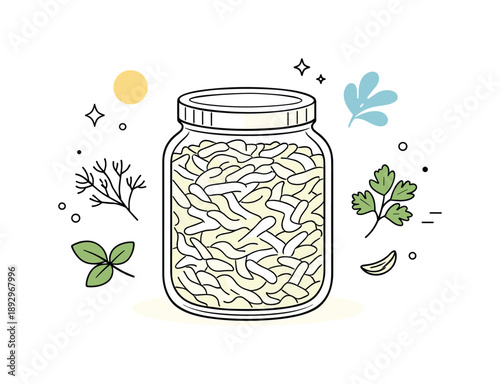 Minimalist Sauerkraut Jar. Sauerkraut glass jar. Transparent jar filled with shredded cabbage, natural fermentation and fresh homemade feel. Calm editorial