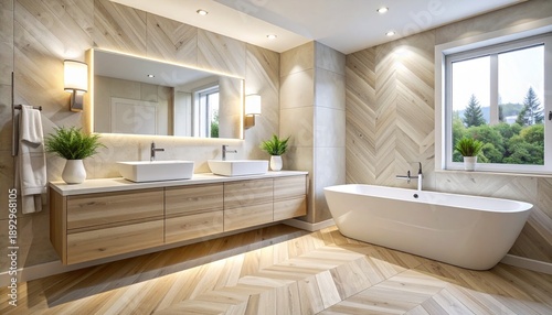 Modern Bathroom Interior with Freestanding Tub and Double Vanity.