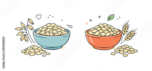 Oats and Barley. Oats and barley healthy food. Grains presented as nutritious ingredients, simple bowls or loose piles suggesting wholesome eating. Friendly,