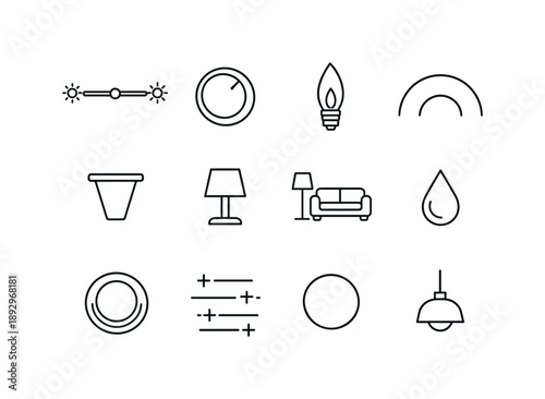Mood Lighting Icons. Creating mood lighting with a dimmer. Line icon set of creating mood lighting with a dimmer: brightness scale bar, dimmer knob top view,