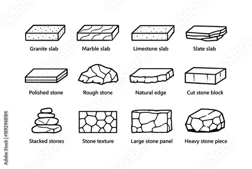 Stone Slab Icons. Stone Slabs. Line icon set of Stone Slabs: granite slab, marble slab, limestone slab, slate slab, polished stone, rough stone, natural edge,