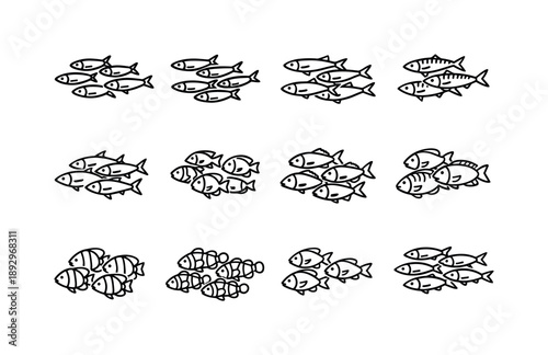 Schooling Fish Icon Set. Types of Schooling Fish. Line icon set of Types of Schooling Fish: sardine, anchovy, herring, mackerel, tuna, reef fish, snapper,