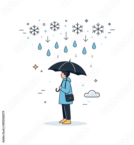 Snow to Rain Transition. Rain replacing snow concept. A person standing under an umbrella as snowflakes above shift into raindrops. Gentle adaptation, calm