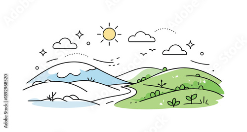 Seasonal Transition Art. Soft seasonal transition. Rolling hills with patches of snow blending into fresh greenery under a mild sky. Clean visual story about