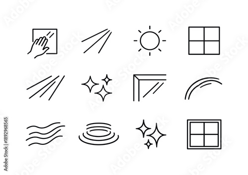 Window Light Icons. Window Light Play. Line icon set of Window Light Play: hand near glass, light reflection lines, sun spot reflection, window grid, moving