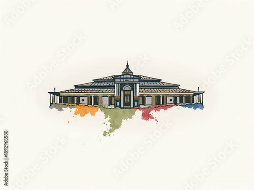Watercolor illustration of a historic building with colorful splatters, with copy space