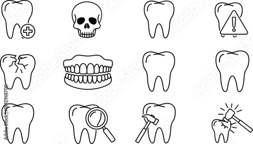 Black and white line of various teeth and dental related tooth line black and white skull