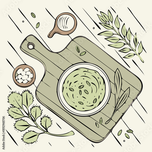 Healthy green dip on cutting board with herbs