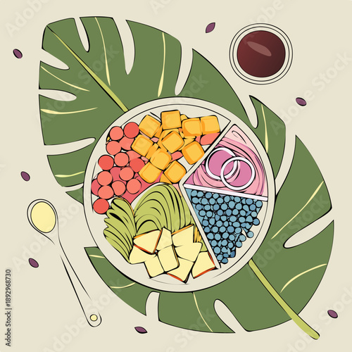 Healthy poke bowl with fresh ingredients laid on tropical leaves