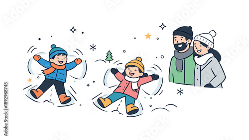 Snow Angels Family Fun. Kids making snow angels family moment. Children playing while parents watch nearby with smiles. Safe winter fun and warm family