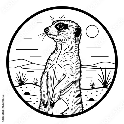 A meerkat stands alert within a circular frame against a vast desert landscape and sun.Isolated transparent background ( include cut-out PNG file )