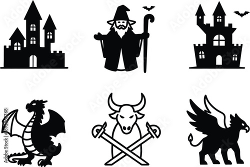 Set of black fantasy silhouettes featuring a wizard with staff, medieval castles, flying dragon, minotaur with crossed swords and mythical griffin.
