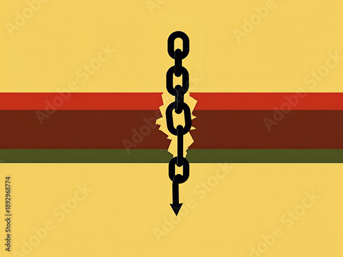 Broken black chain on yellow background with colorful stripes, with copy space